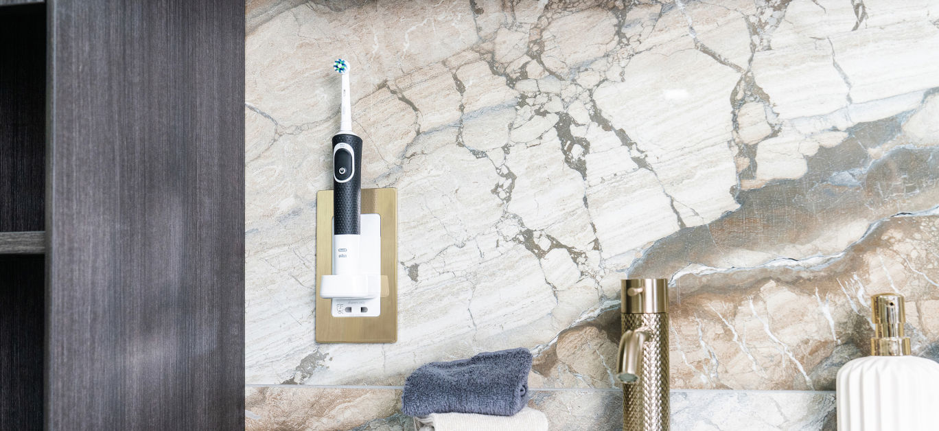 ProofVision - Single Toothbrush Charger and Shaver Socket with brushed brass faceplate PV12P