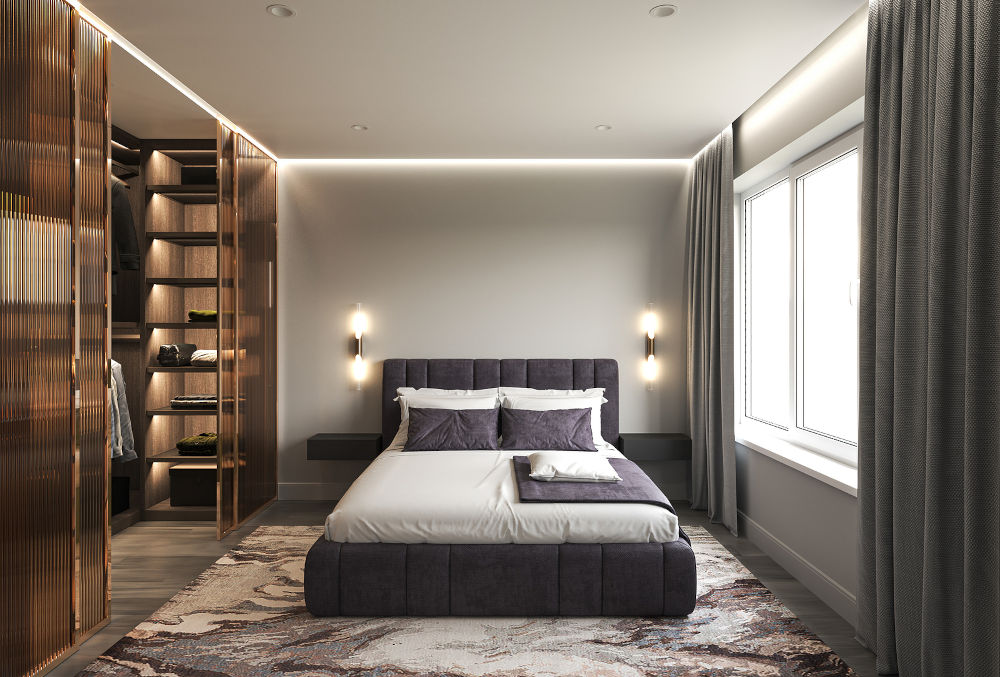 Luxury bedroom interior with bedding sheet dark tone. Wardrobe with lighting and wooden floor. Modern style 